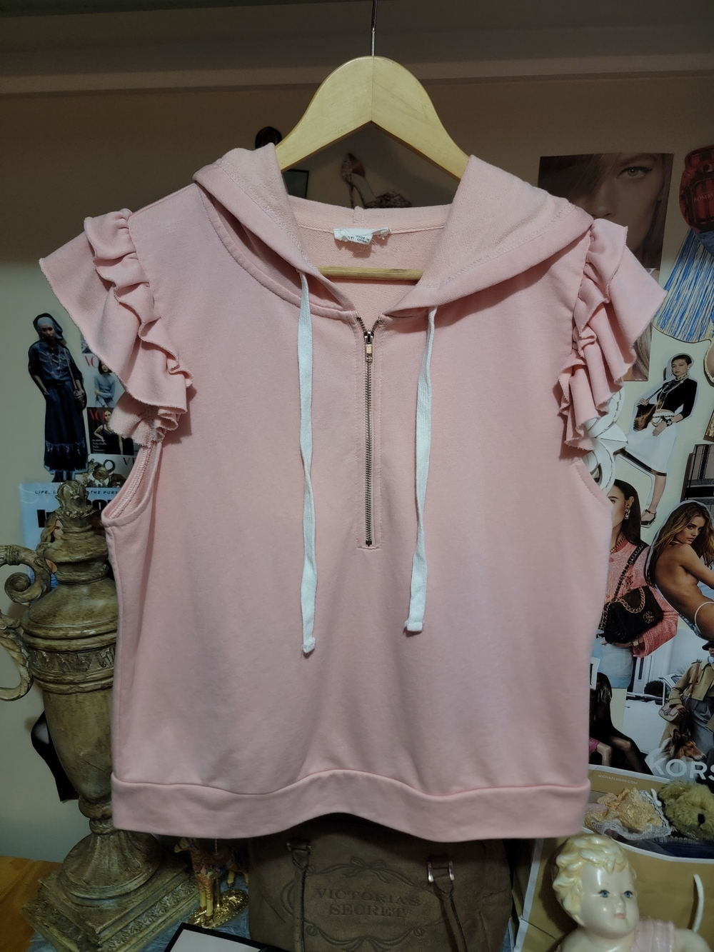 Dance & Marvel Light Pink Ruffle Sleeve Half-Zip Hoodie